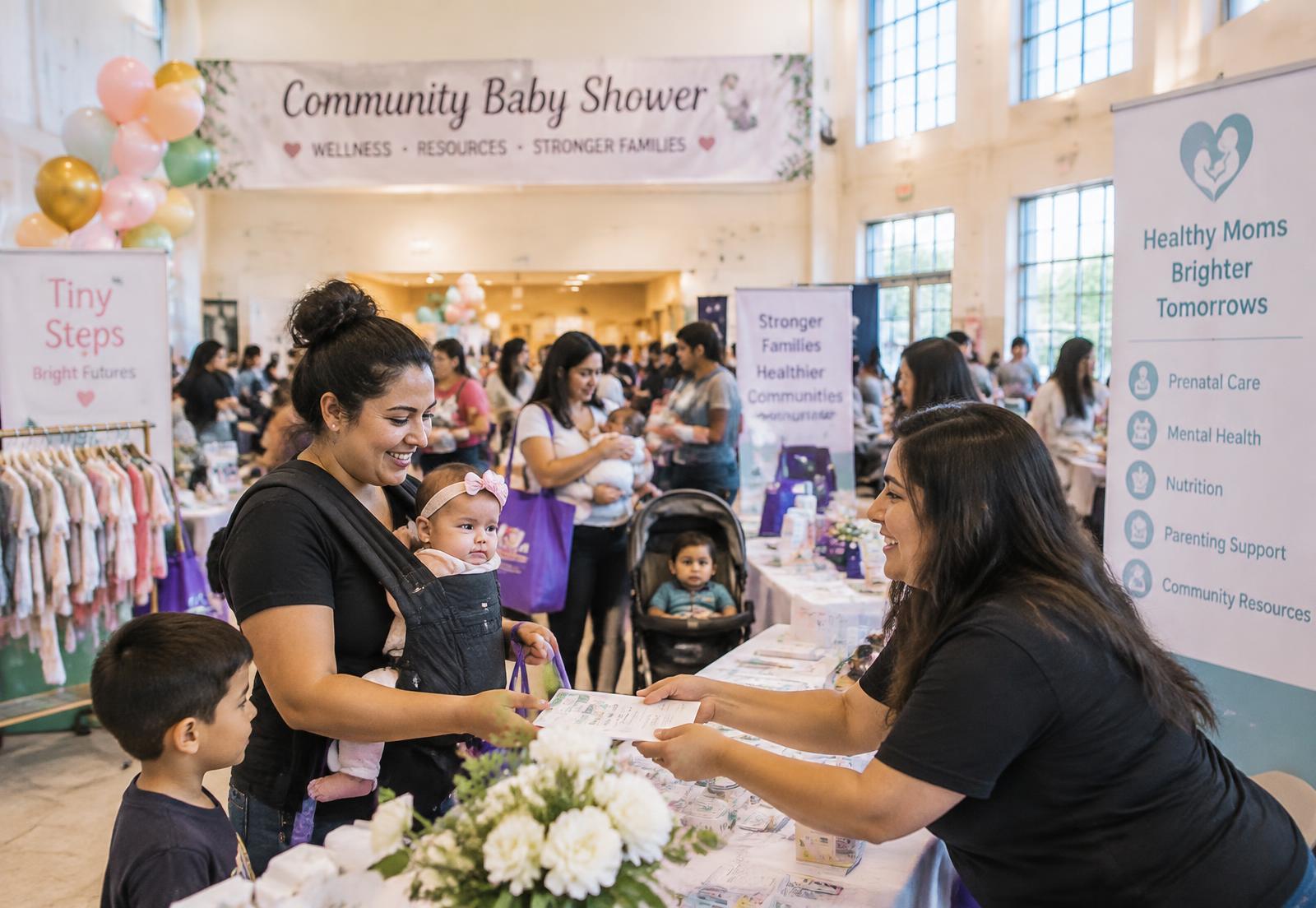 Vendor booths and families at a community wellness expo